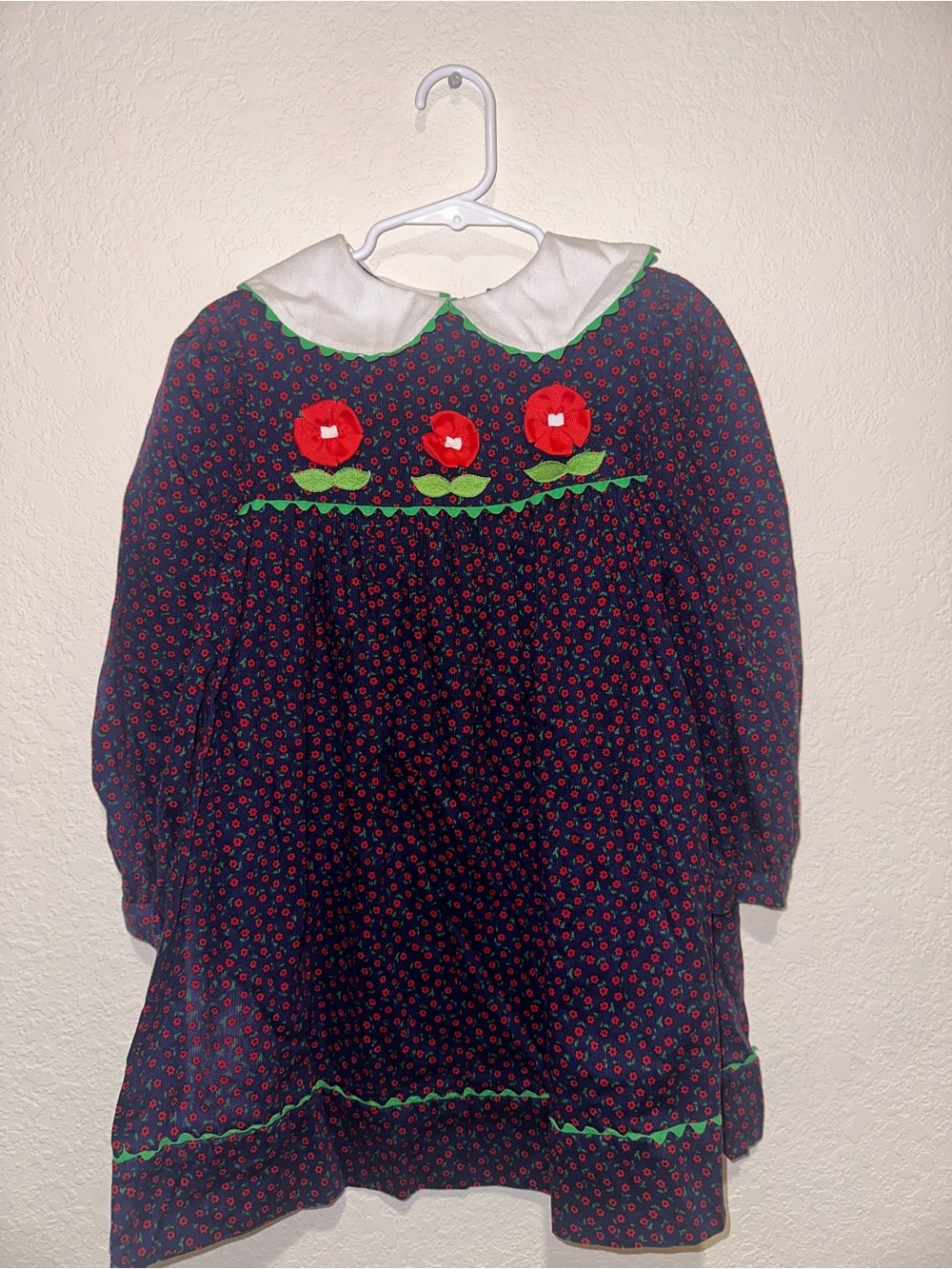Bonnie Jean Navy Dress with Red Floral and Green Trim Size 6X